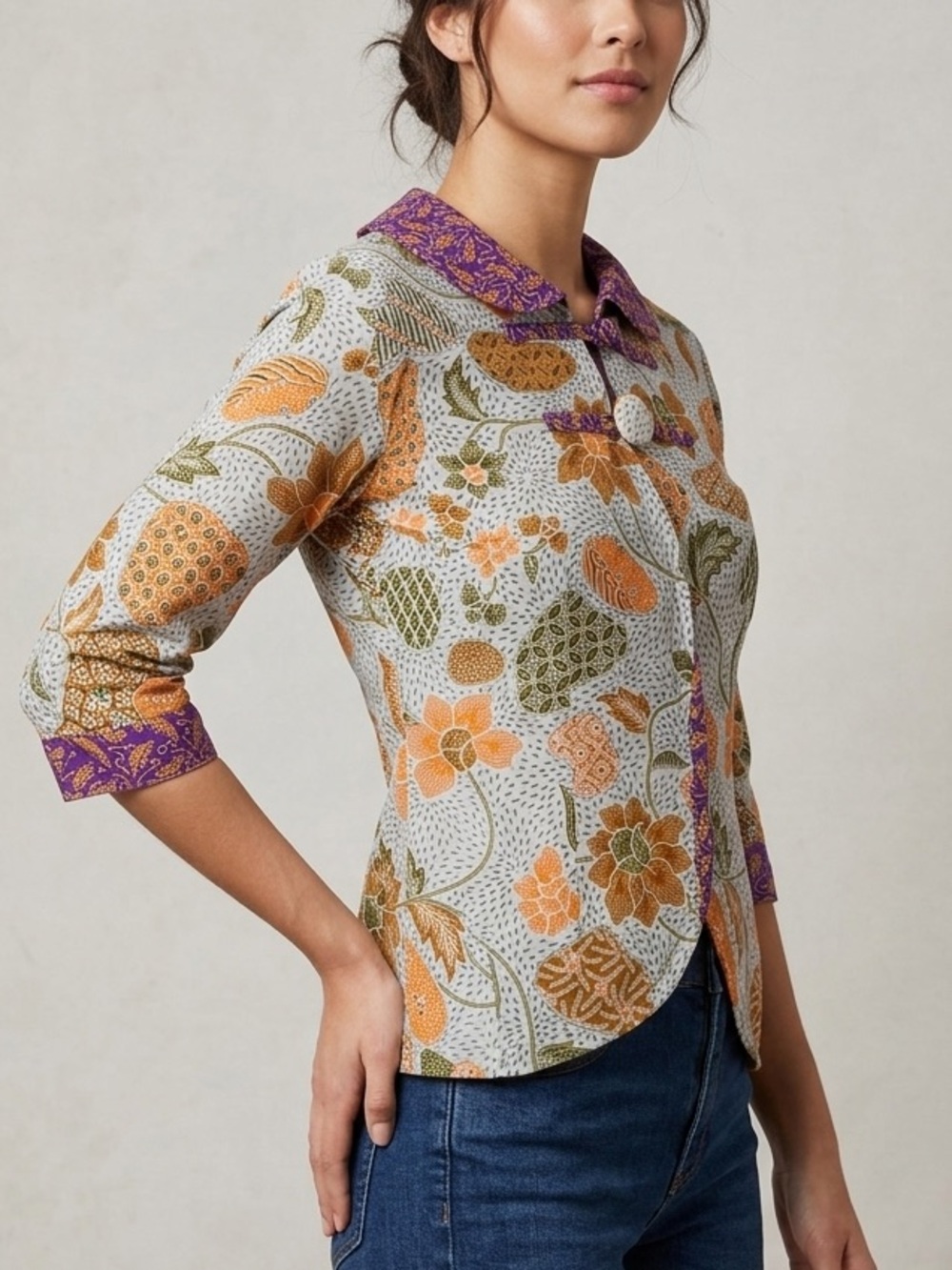 Handmade‎ Reversible Floral Button-Front Cotton 3/4 Sleeve Top Shirt Size Small